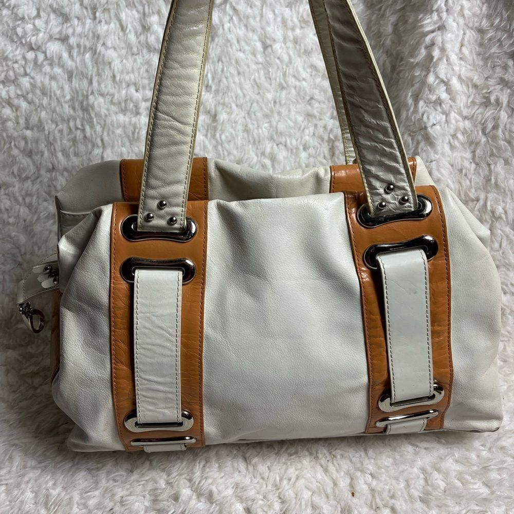 Steven by Steve Madden leather off white and tan satchel silver tone hardwares